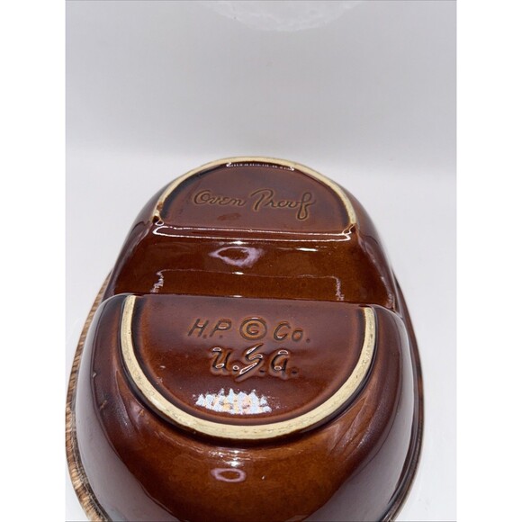 Vintage H.P. Hull USA Brown Drip Pottery Divided Casserole Dish Oven Proof EUC - Picture 7 of 8